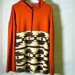 Heimish Orange and Aztec Pattern Mens long sleeve, hooded shirt